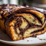 A close-up view of a soft, swirled chocolate babka slice showing rich layers of dough and filling, topped with chocolate glaze.