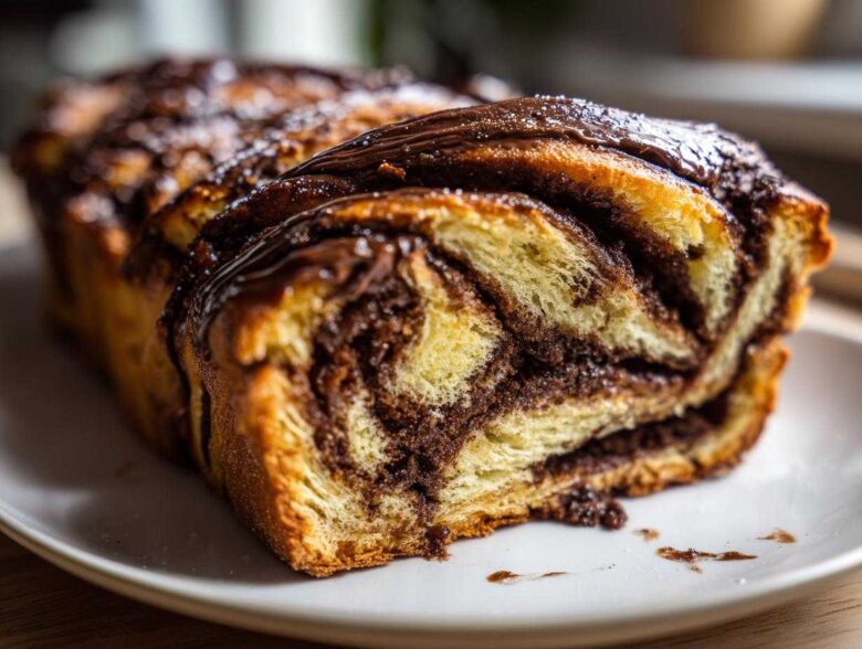 A close-up view of a soft, swirled chocolate babka slice showing rich layers of dough and filling, topped with chocolate glaze.