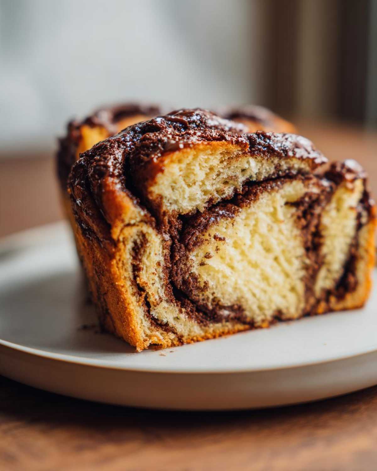 A close-up view showing the soft, swirled interior of a freshly baked chocolate babka slice.