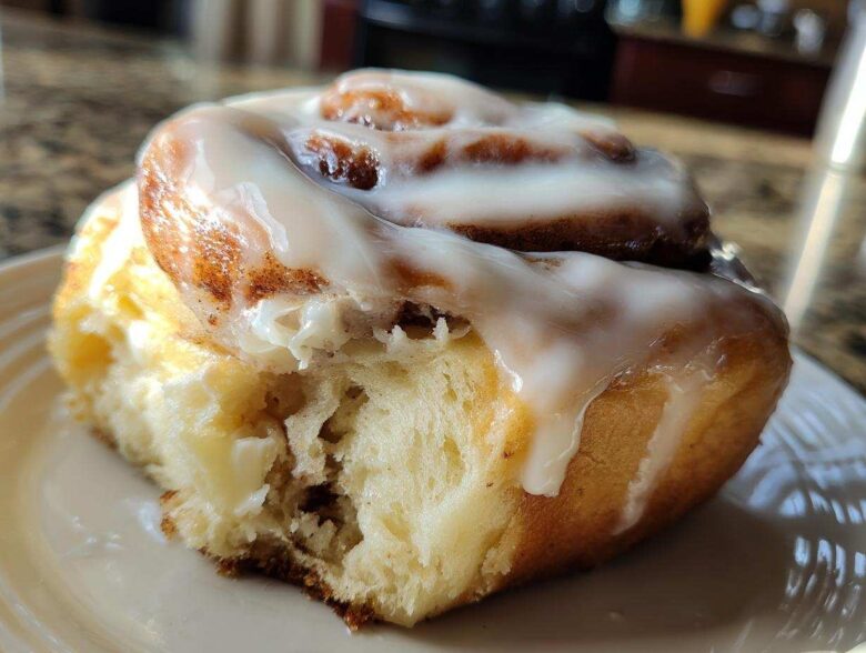 A close-up shot of a soft, fluffy cinnamon roll with a generous swirl of white icing, showing a bite taken out.