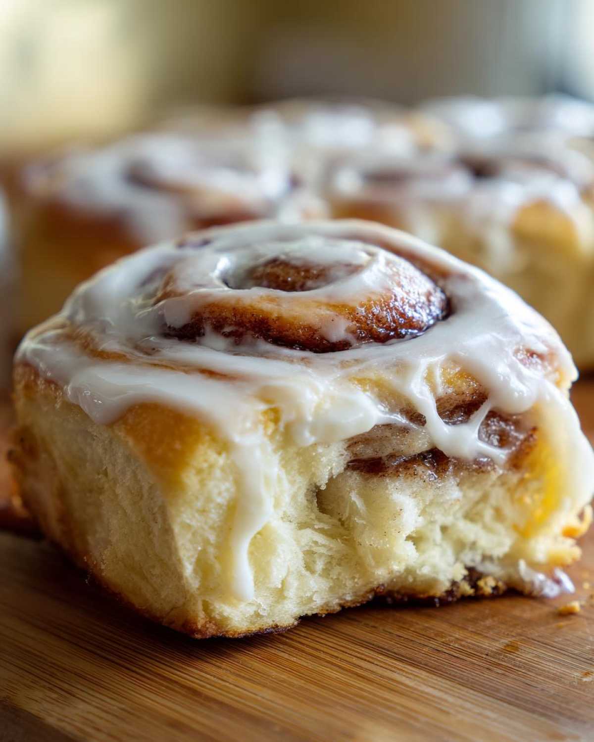 A close-up of a soft, freshly baked cinnamon roll with thick white icing dripping down the side, showing the fluffy interior.