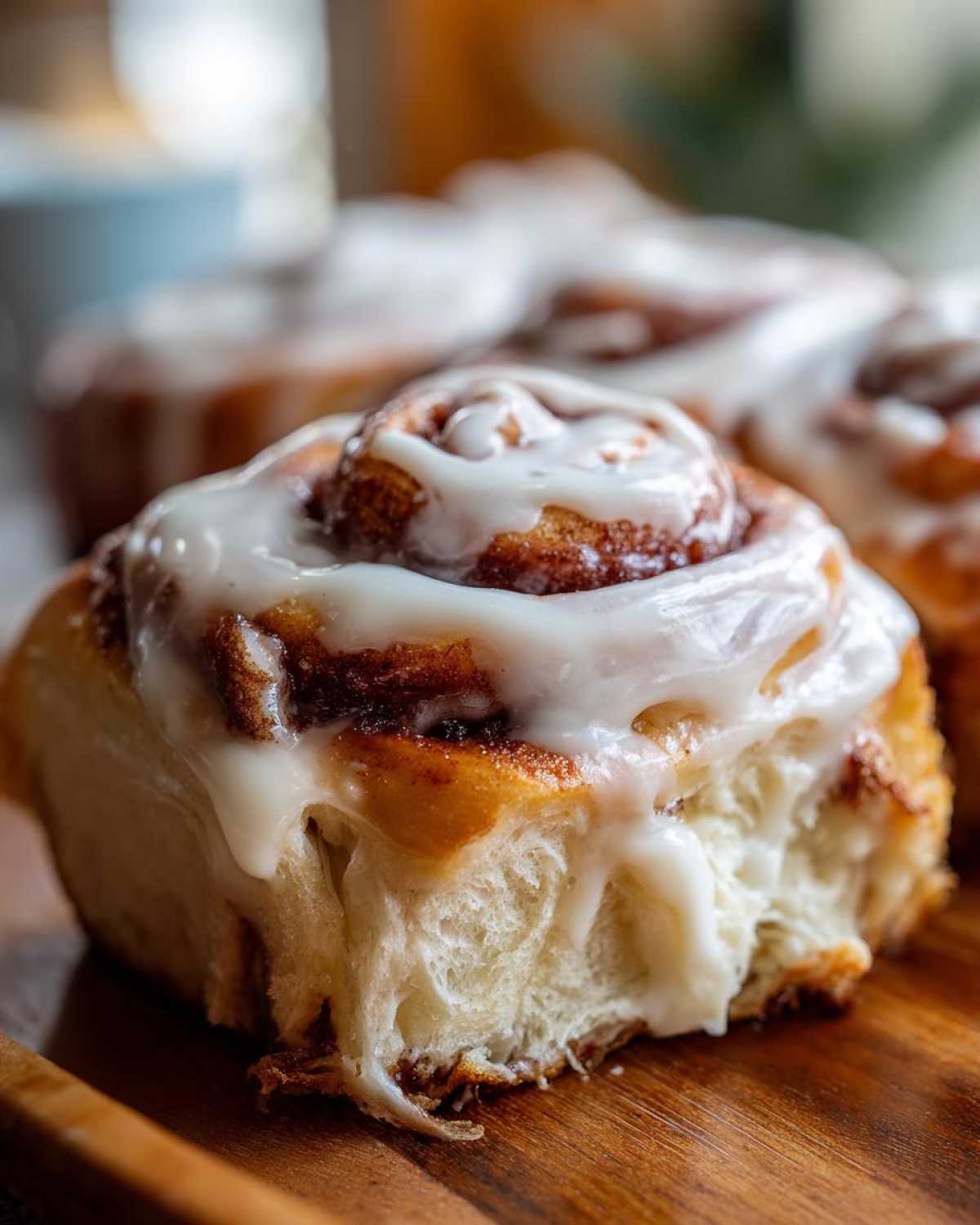 A close-up of a soft, fluffy cinnamon roll generously topped with dripping white icing.
