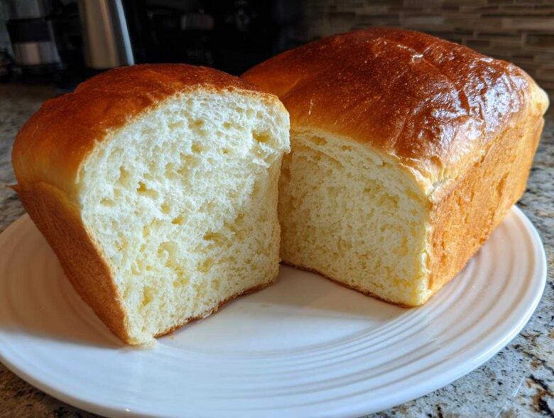 A golden-brown loaf of soft condensed milk bread sliced in half, showing the fluffy white interior.