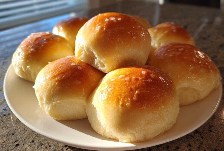 A cluster of golden-brown, soft dinner rolls brushed with butter, sitting on a white plate.