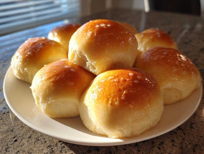 A cluster of golden-brown, soft dinner rolls brushed with butter, sitting on a white plate.