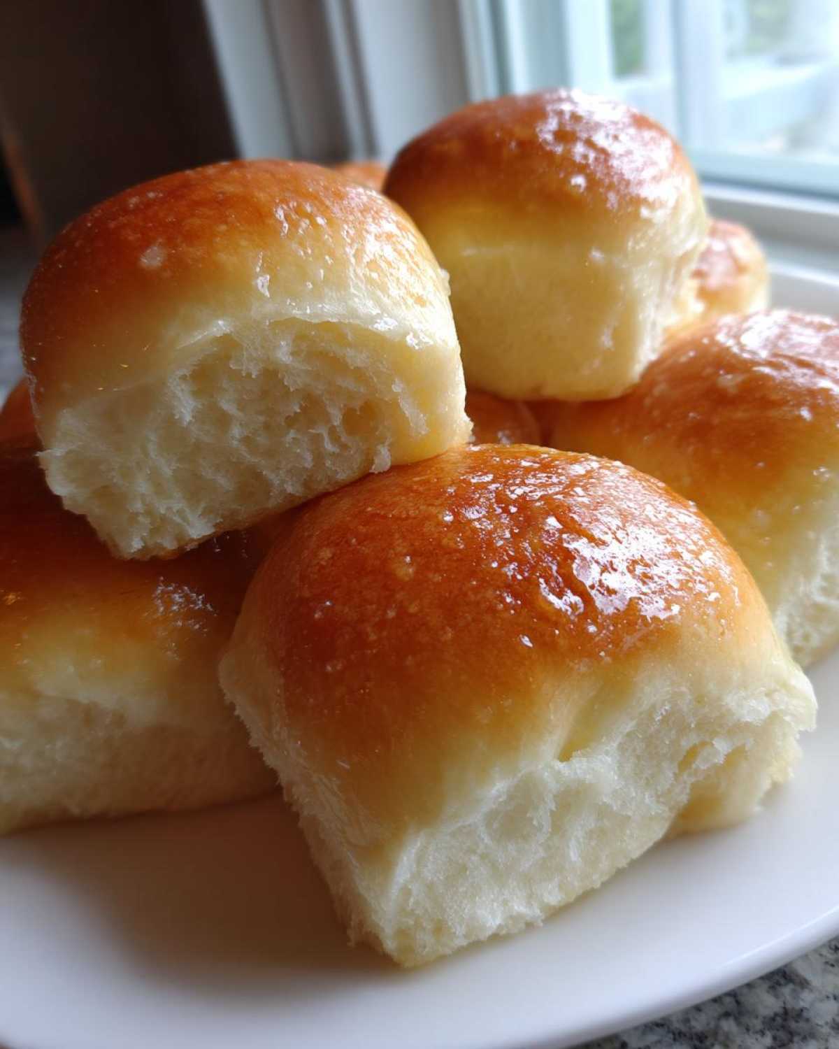A stack of freshly baked, fluffy dinner rolls with a shiny, buttery glaze, showing the soft interior.
