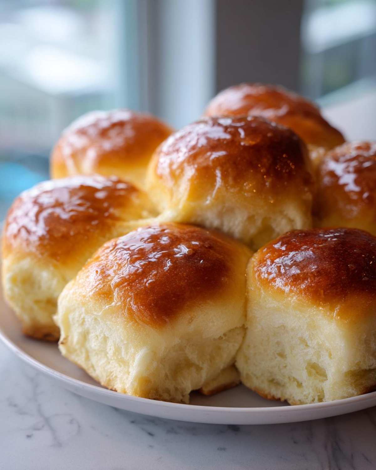 A pile of freshly baked, golden-brown soft dinner rolls with a shiny glaze resting on a white plate.