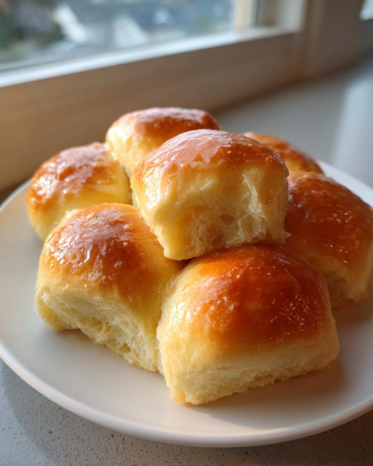 A stack of golden brown, soft dinner rolls glistening with a buttery glaze, ready to serve.