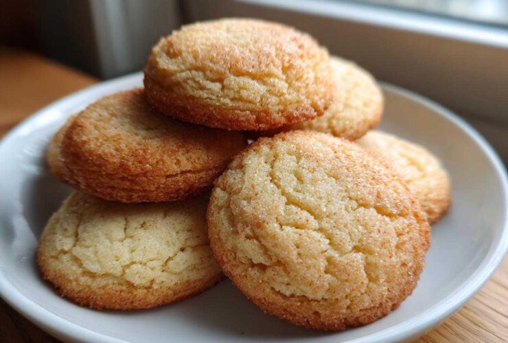 A close-up of several golden brown soft sugar cookies stacked on a white plate, coated in sparkling sugar.