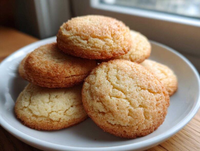 A close-up of several golden brown soft sugar cookies stacked on a white plate, coated in sparkling sugar.