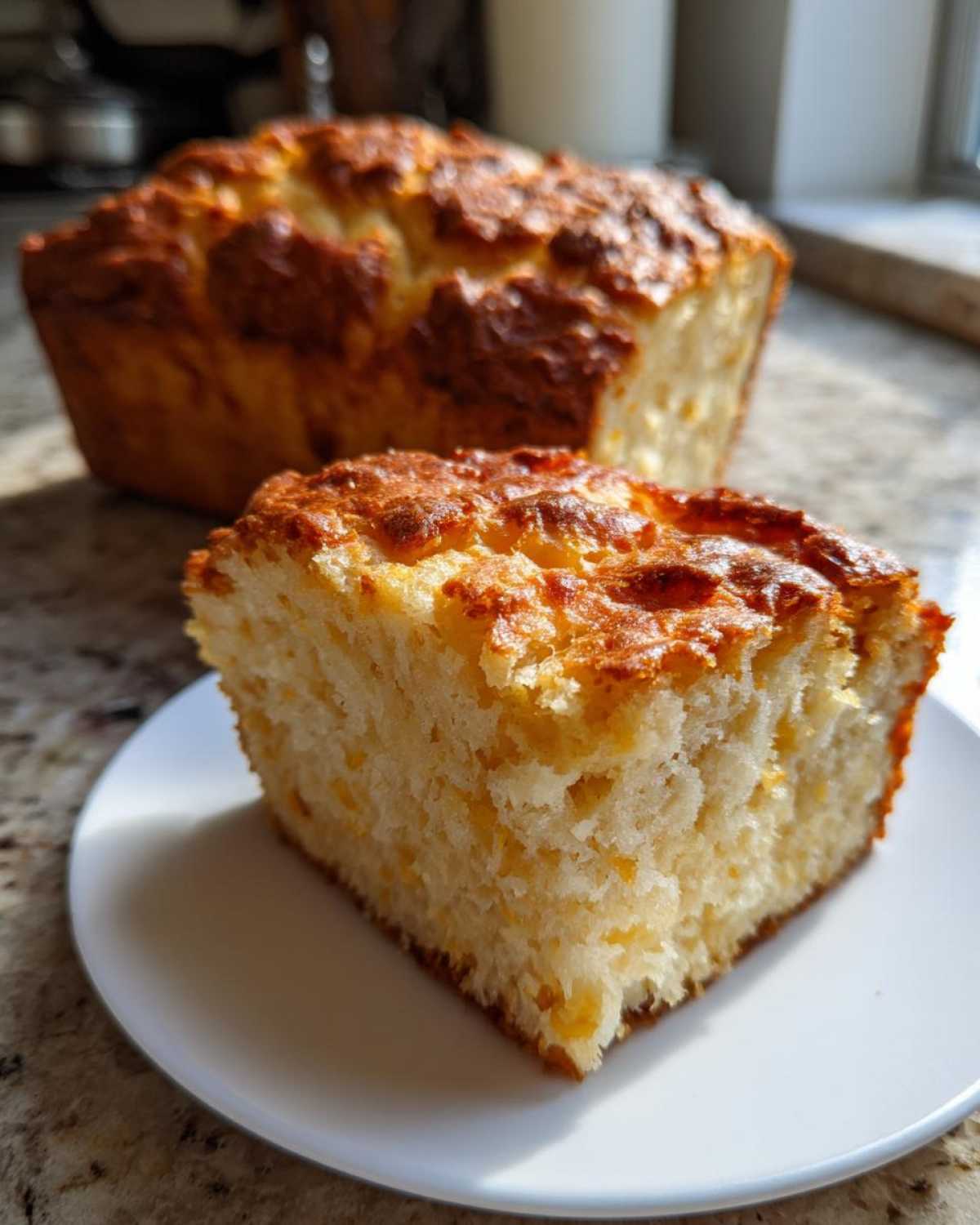 A close-up of a thick slice of golden sourdough cornbread with a crispy top, served on a white plate.