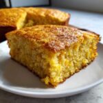 A close-up of a moist slice of golden sourdough cornbread, showing visible kernels of corn, resting on a white plate.