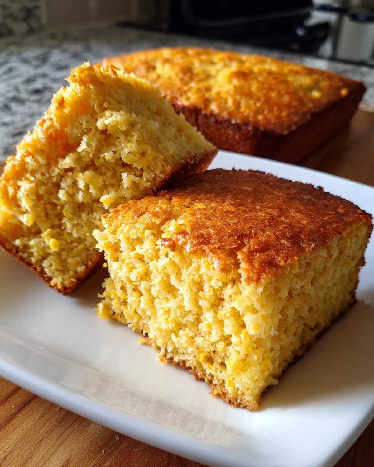 Two golden-brown slices of moist sourdough cornbread displayed on a white plate, with the rest of the loaf blurred in the background.