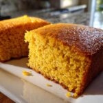 Close-up of two moist, golden slices of sourdough cornbread served on a white rectangular plate.