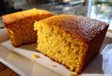 Close-up of two moist, golden slices of sourdough cornbread served on a white rectangular plate.