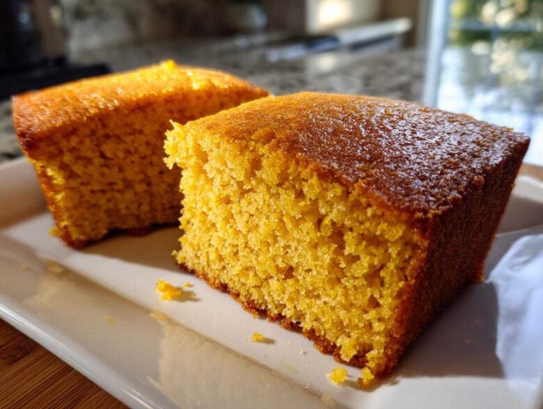 Close-up of two moist, golden slices of sourdough cornbread served on a white rectangular plate.