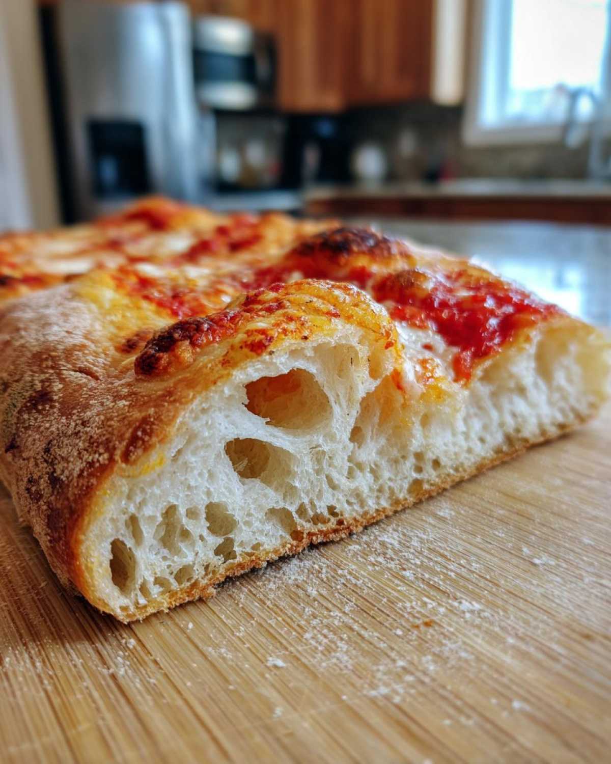 Close-up of a slice of pizza showing the airy, open crumb structure made from sourdough discard pizza dough.