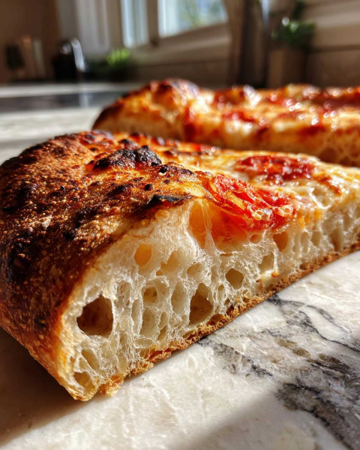 Close-up of the airy, open crumb structure of a slice made with sourdough discard pizza dough.