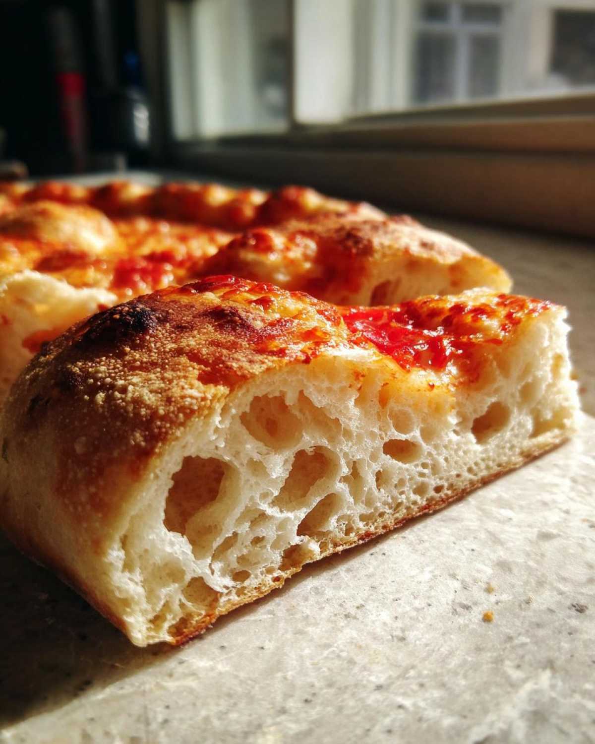 Close-up cross-section showing the airy, open crumb structure of sourdough discard pizza dough.