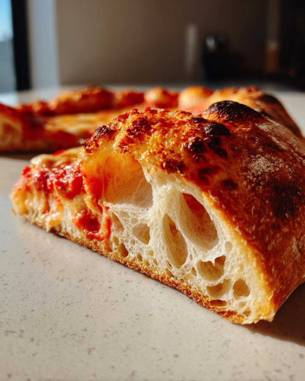 Close-up of a slice showing the airy, open crumb structure of sourdough discard pizza dough.