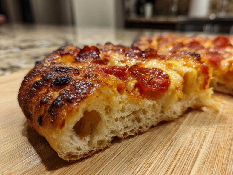 Close-up of a thick slice of pepperoni pizza showing the airy crumb structure of sourdough discard pizza dough.