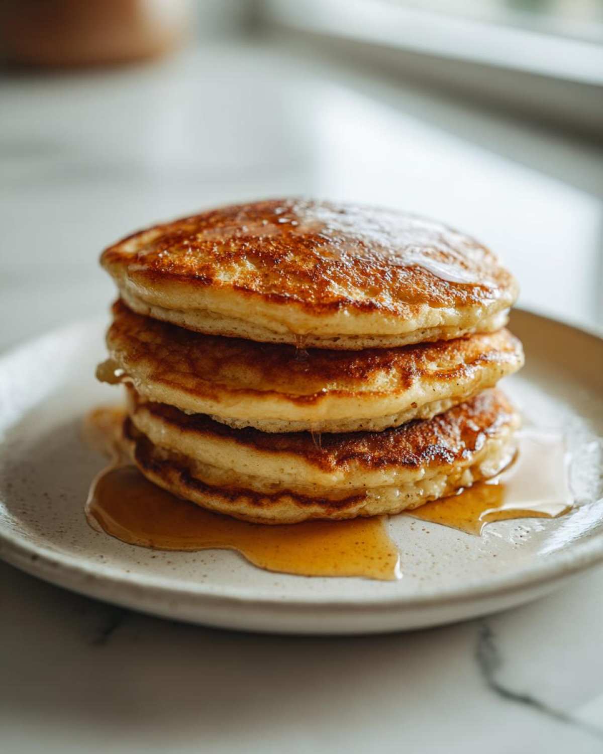 A close-up stack of four fluffy sourdough pancakes drizzled generously with syrup on a speckled white plate.