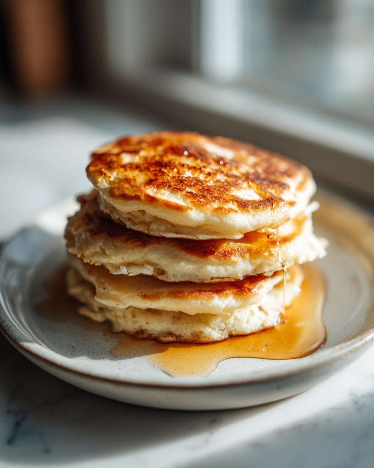 A stack of four fluffy sourdough pancakes drizzled with maple syrup on a speckled plate.