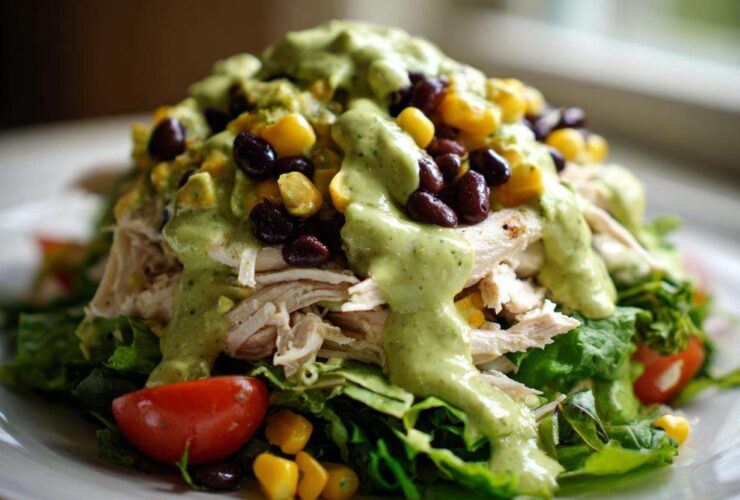 Close-up of a vibrant southwest chicken salad featuring shredded chicken, black beans, corn, and creamy green dressing.