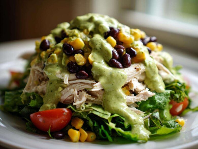 Close-up of a vibrant southwest chicken salad featuring shredded chicken, black beans, corn, and creamy green dressing.