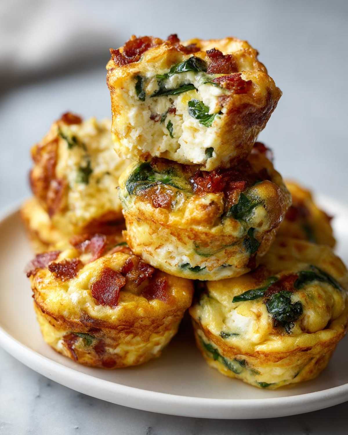 A stack of golden-brown, baked egg bites filled with spinach and topped with crispy bacon pieces.