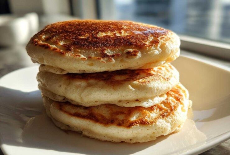A close-up stack of three thick, fluffy pancakes with perfectly golden brown tops sitting on a white square plate.