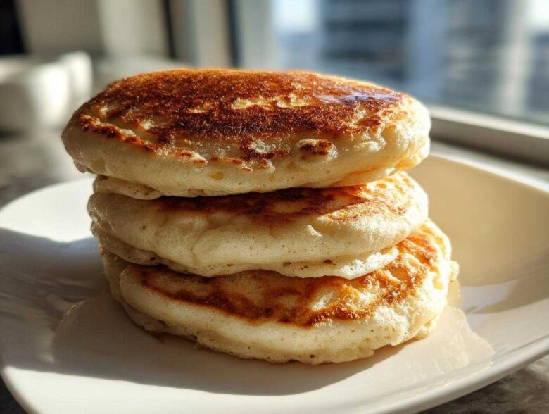 A close-up stack of three thick, fluffy pancakes with perfectly golden brown tops sitting on a white square plate.