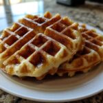 A stack of golden brown, fluffy high protein waffles drizzled with syrup on a white plate.