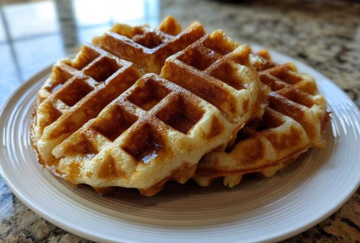 A stack of golden brown, fluffy high protein waffles drizzled with syrup on a white plate.