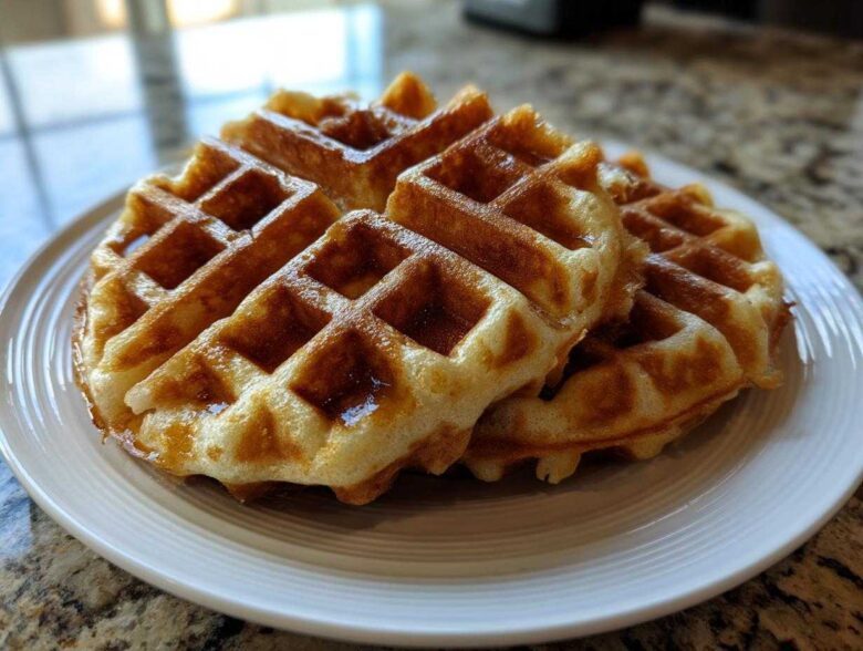 A stack of golden brown, fluffy high protein waffles drizzled with syrup on a white plate.