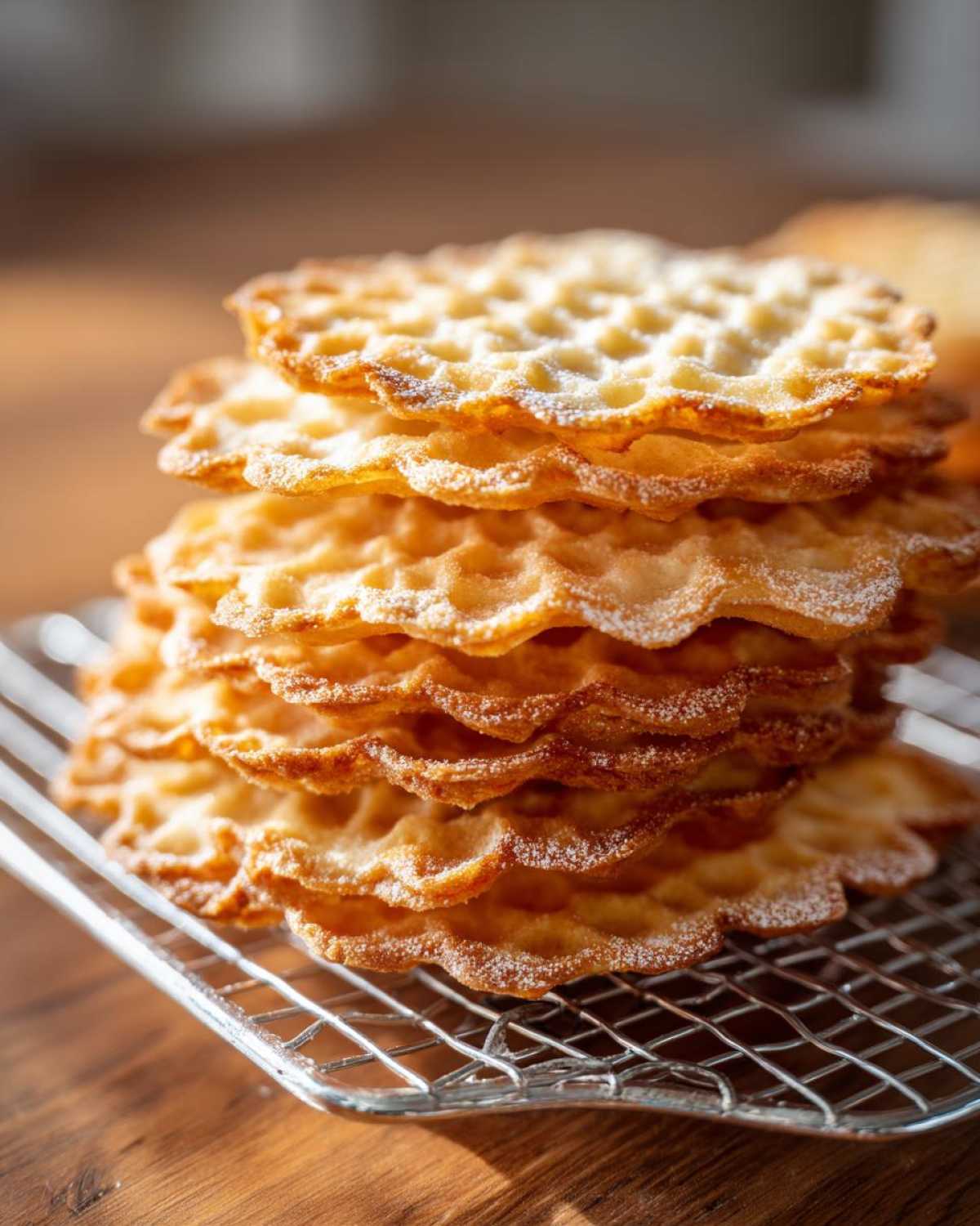 Close-up of a stack of freshly made, golden pizzelle cookies dusted lightly with powdered sugar, resting on a cooling rack.