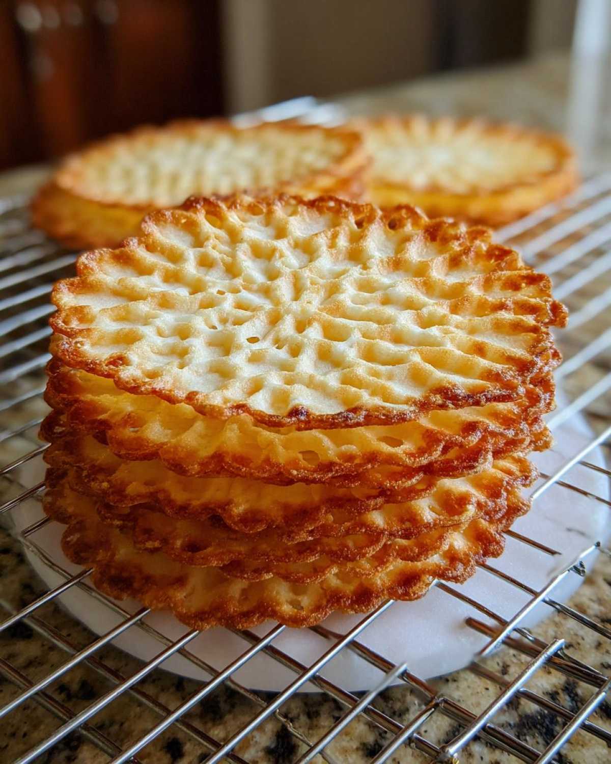 A stack of freshly made, golden brown pizzelle cookies with a delicate waffle pattern cooling on a wire rack.