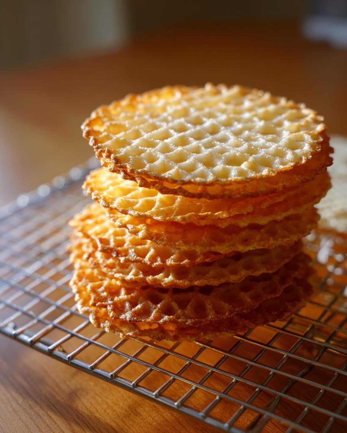 A stack of freshly made, golden brown pizzelle cookies with a distinct waffle pattern cooling on a wire rack.