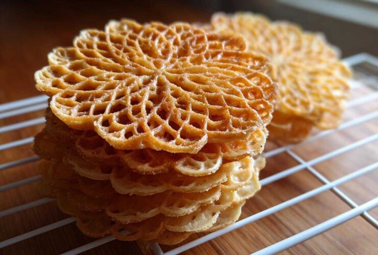 A close-up stack of freshly made, golden brown pizzelle cookies with intricate lace patterns resting on a white cooling rack.