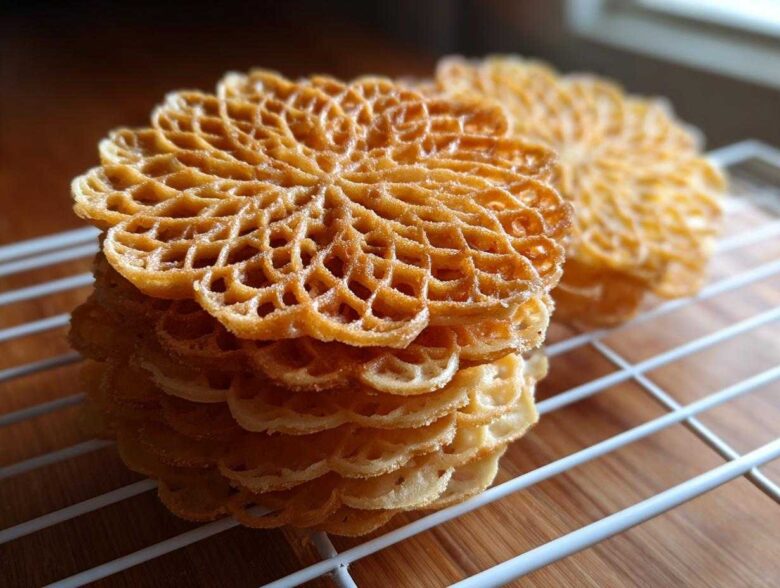 A close-up stack of freshly made, golden brown pizzelle cookies with intricate lace patterns resting on a white cooling rack.
