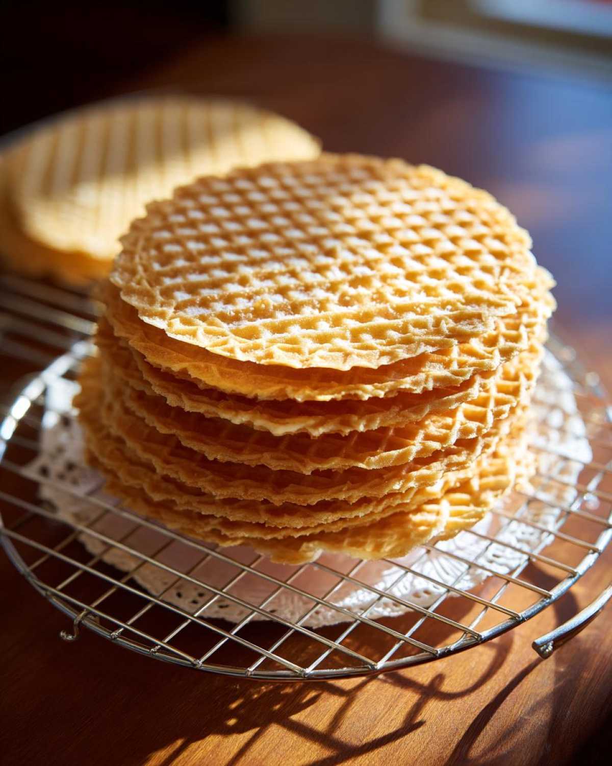 A tall stack of freshly made, golden pizzelle cookies with a crisp waffle pattern cooling on a wire rack.