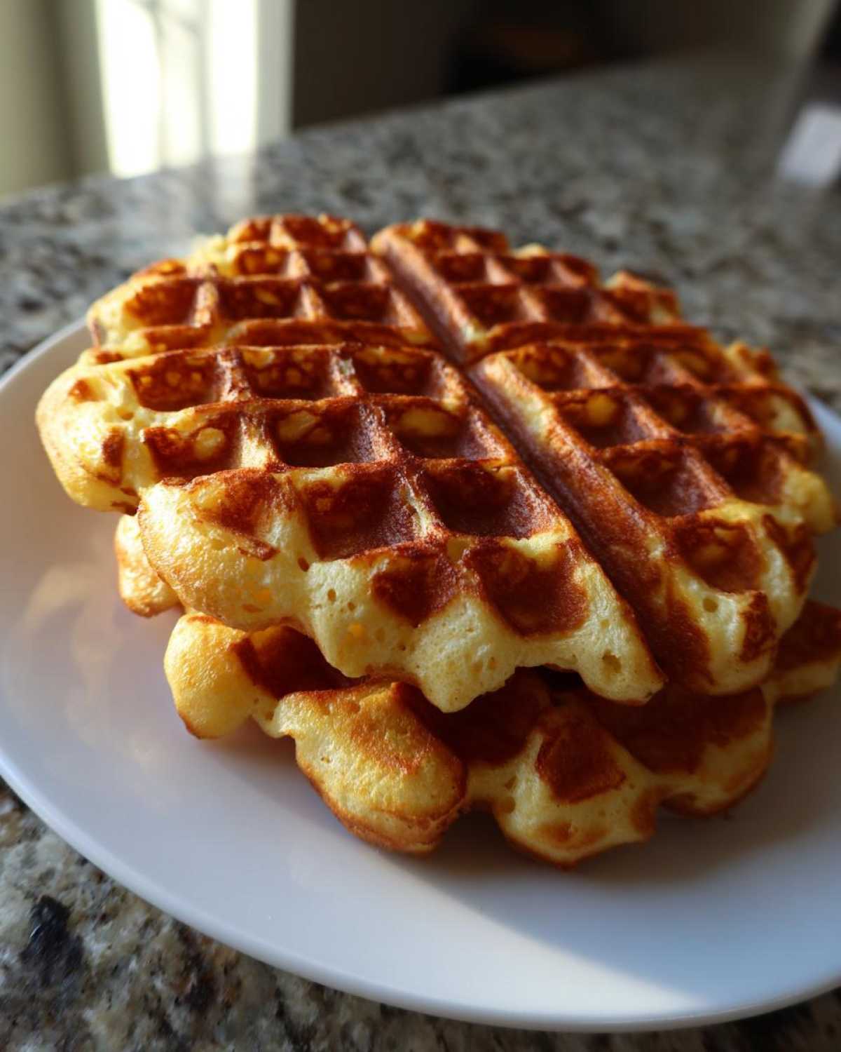 A stack of two golden-brown, freshly made high protein waffles resting on a white plate.