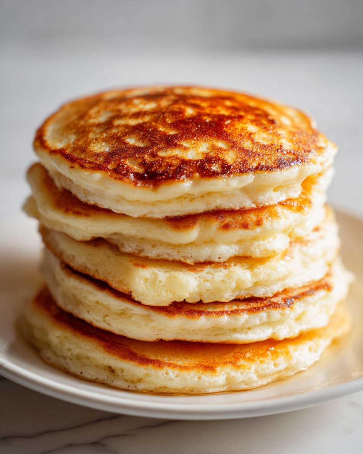 A tall stack of five golden brown, thick, and fluffy pancakes ready to eat.