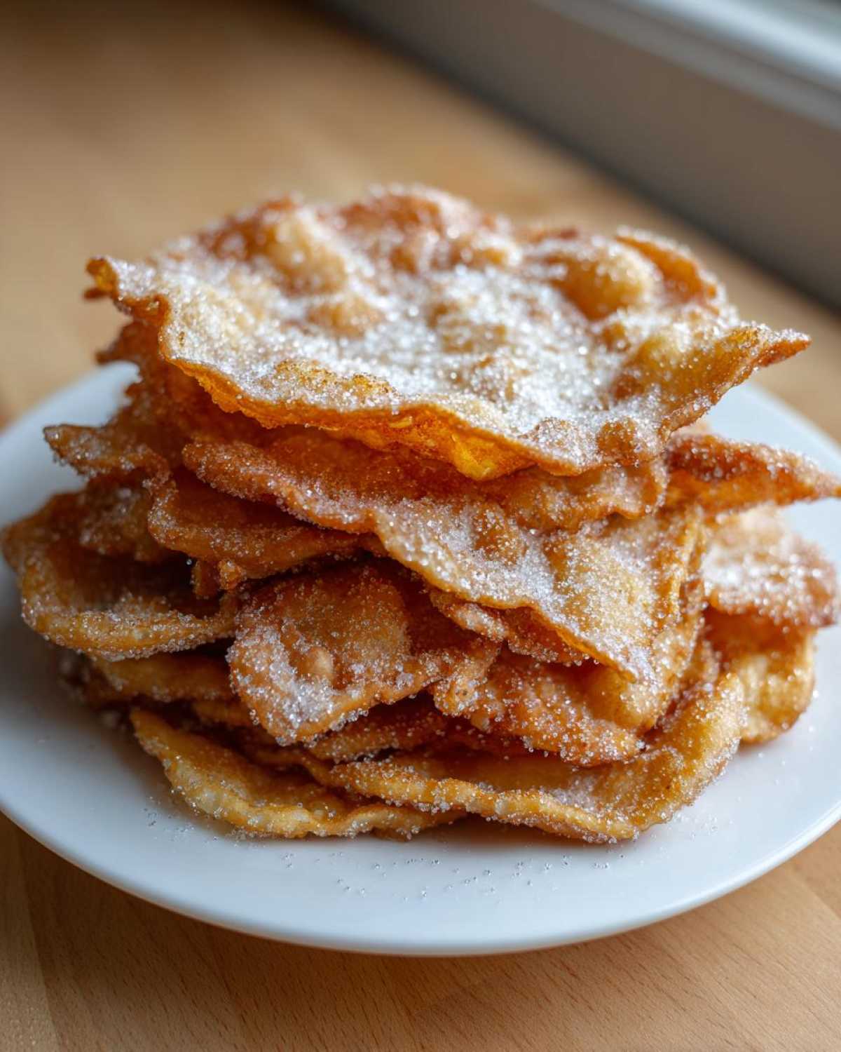 A tall stack of golden brown, crispy buñuelos generously dusted with white granulated sugar on a white plate.