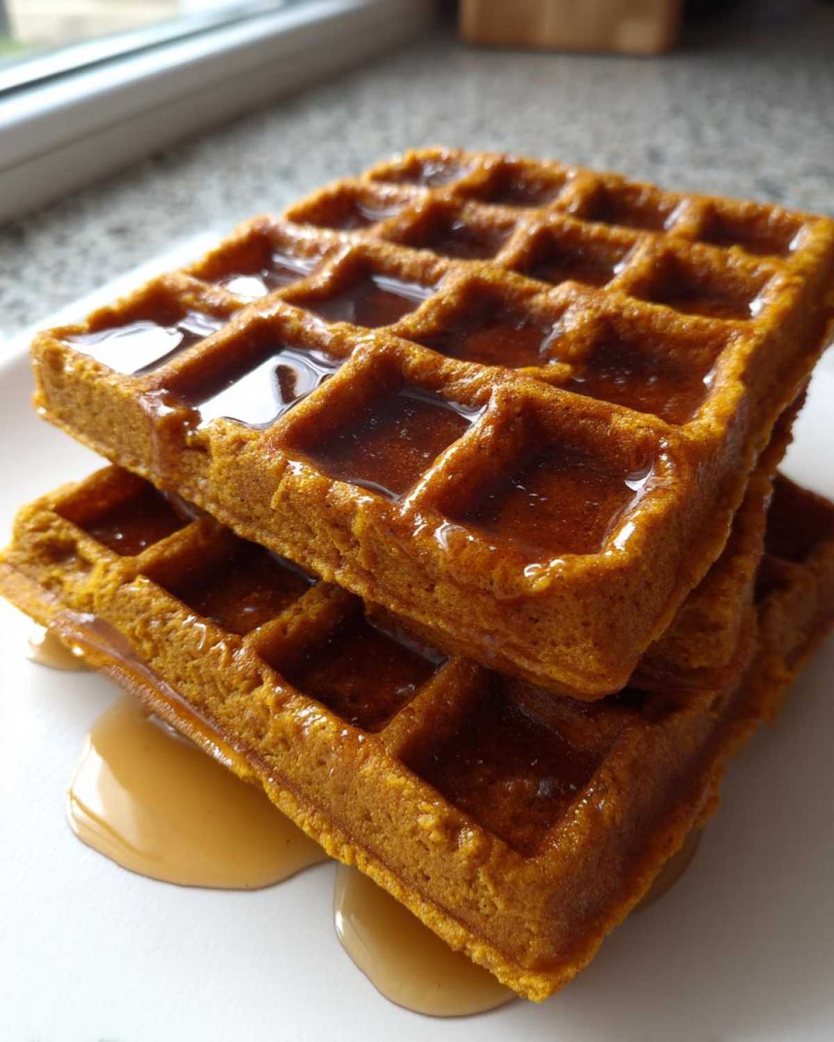 A close-up of two stacked, golden-brown pumpkin waffles generously drizzled with syrup.