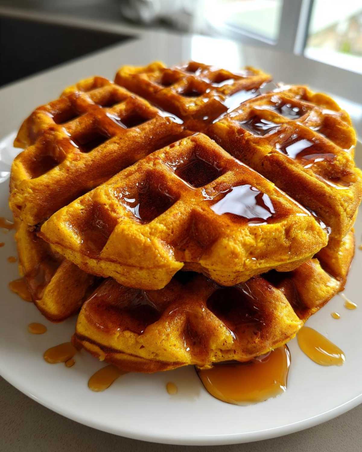 A close-up of a stack of golden-orange pumpkin waffles drizzled generously with maple syrup.