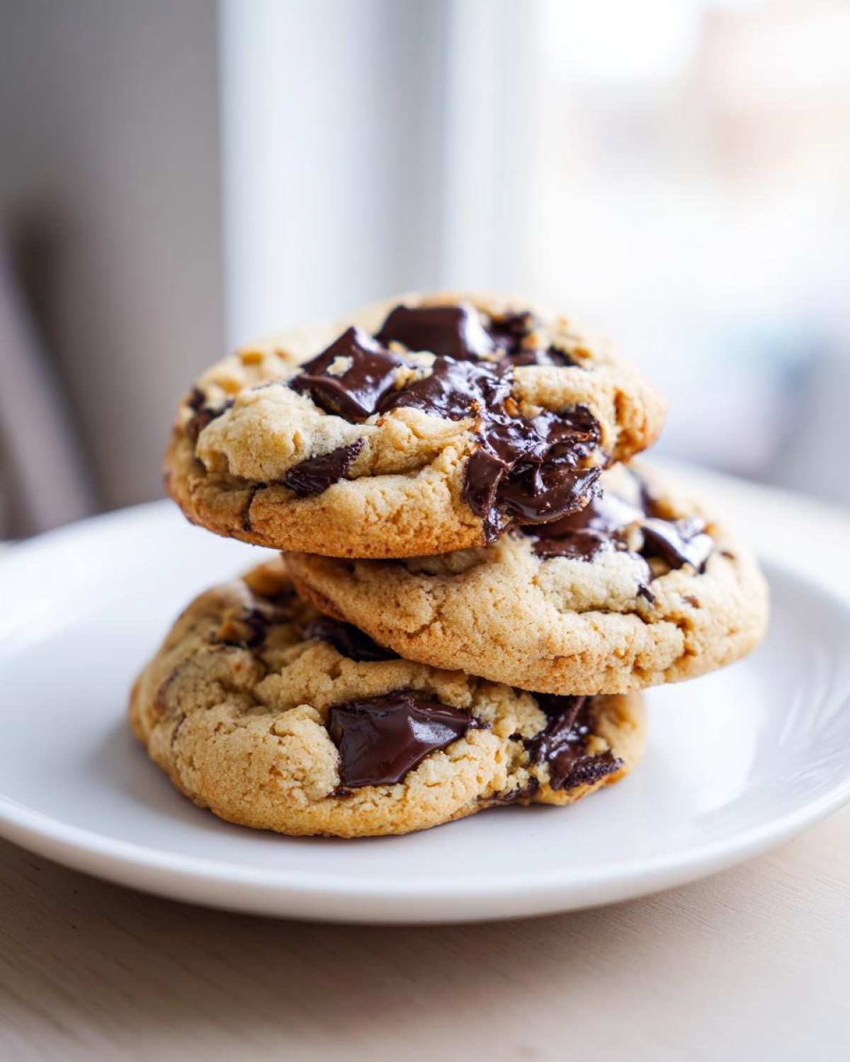 Three freshly baked vegan chocolate chip cookies stacked on a white plate with melted chocolate chunks.
