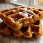 Two stacked, golden-orange pumpkin waffles drizzled generously with syrup, photographed indoors near a window.