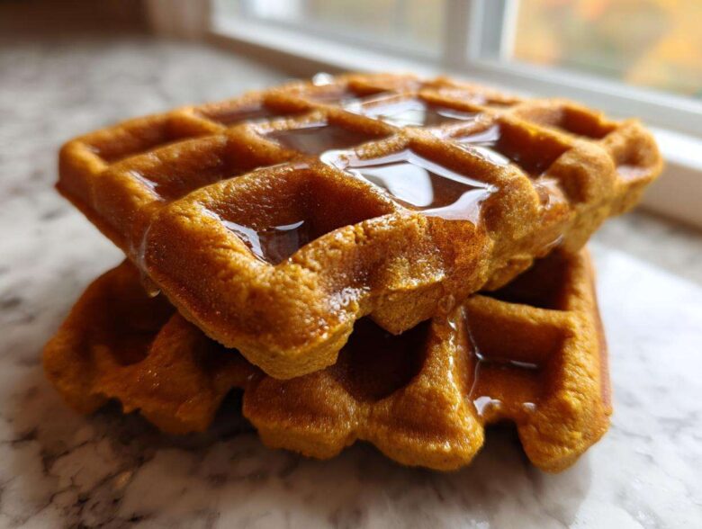 Two stacked, golden-orange pumpkin waffles drizzled generously with syrup, photographed indoors near a window.