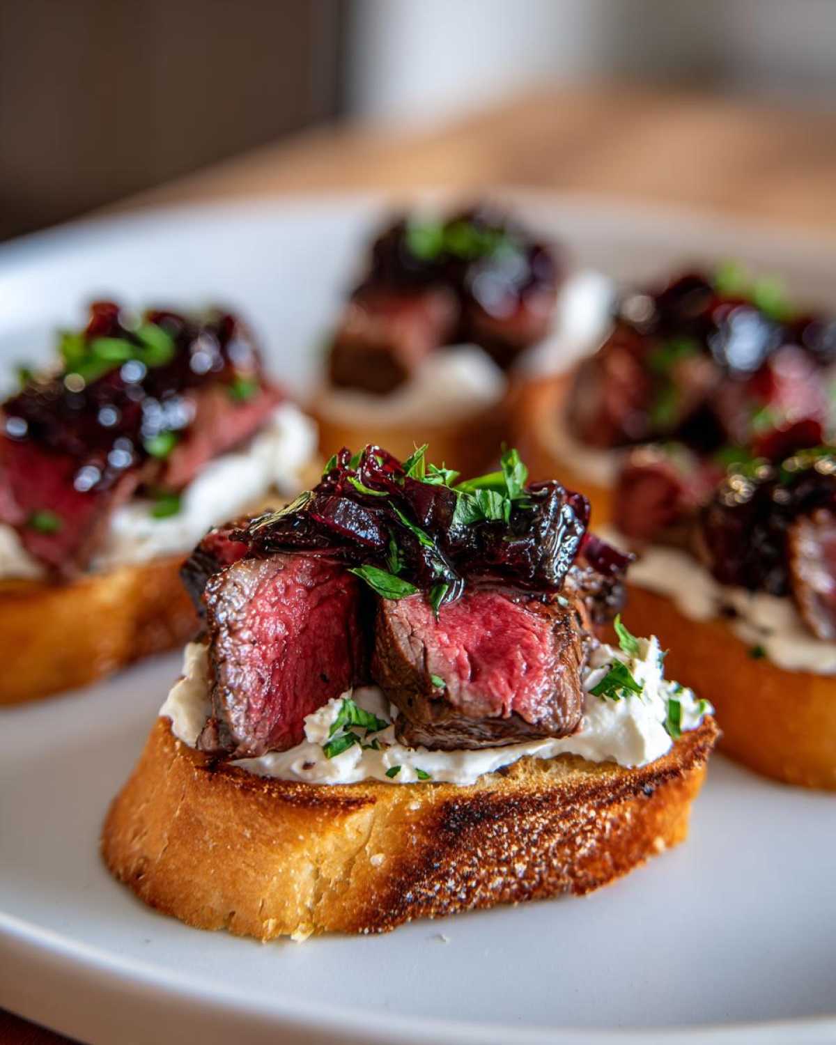 Close-up of a perfectly cooked steak crostini topped with creamy cheese, medium-rare steak, and dark relish.
